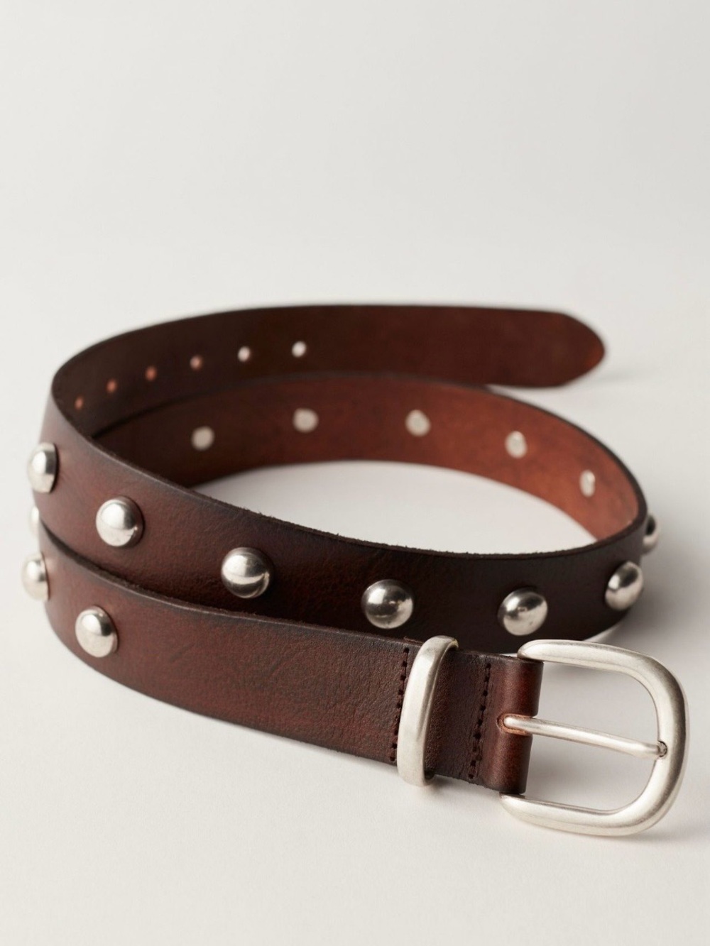 Free People Brown Leather Studded Belt with Silver Buckle